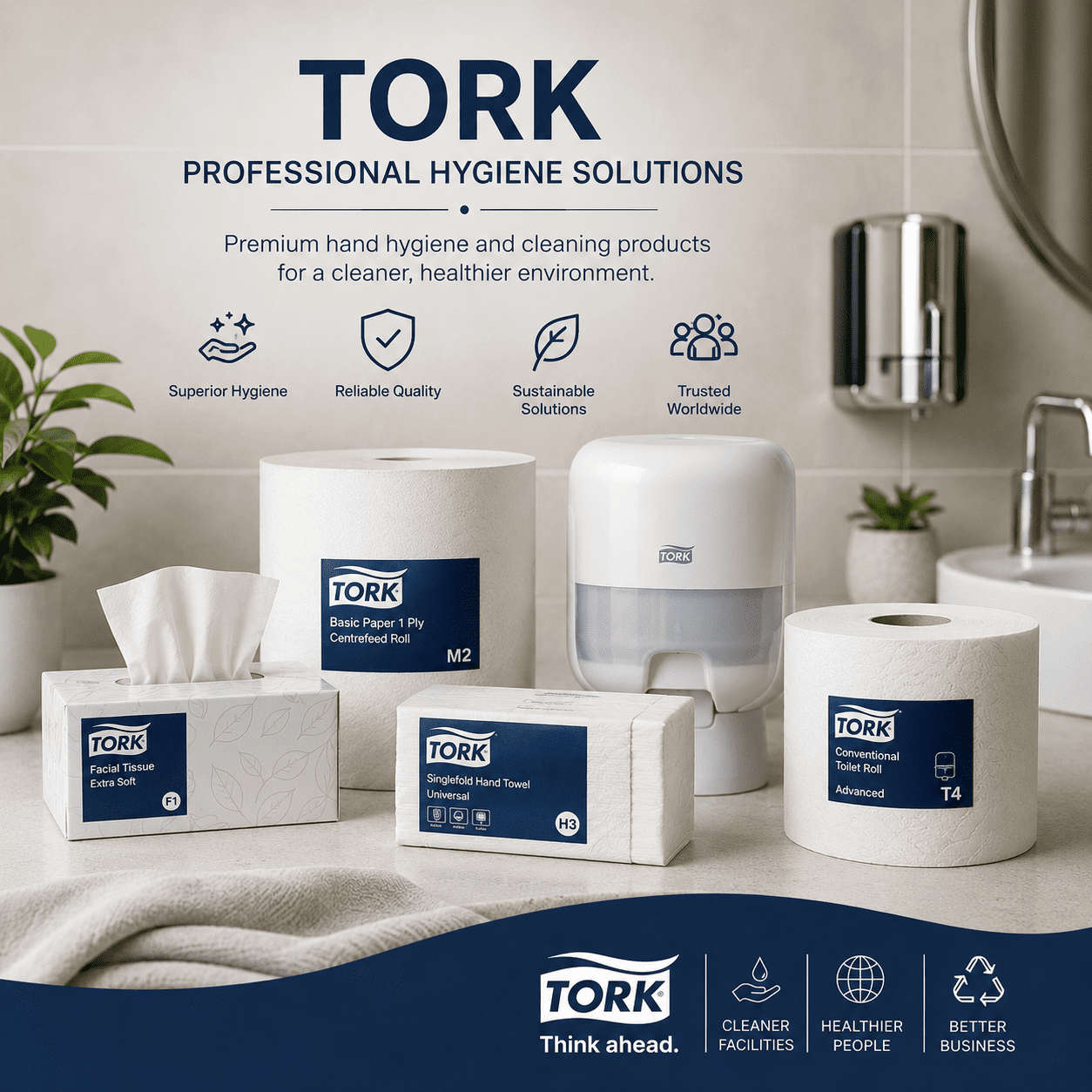 Tork professional hygiene solutions including dispensers, toilet paper, hand towels, and washroom products